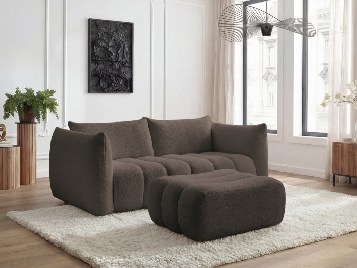 Canapé droit fixe 3 places AZRA tissu bouclette avec pouf