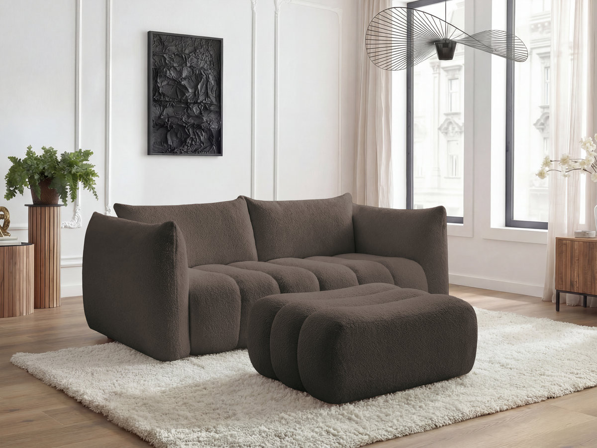 Canapé droit fixe 3 places AZRA tissu bouclette avec pouf