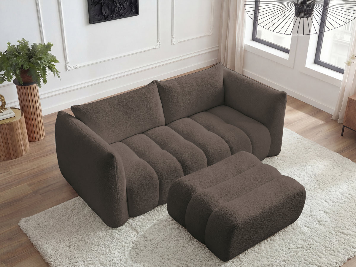 Canapé droit fixe 3 places AZRA tissu bouclette avec pouf