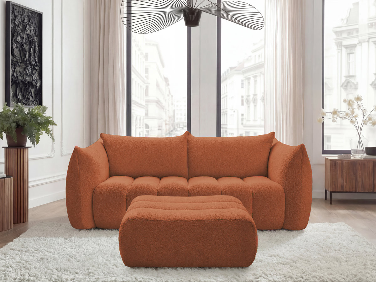 Canapé droit fixe 3 places AZRA tissu bouclette avec pouf