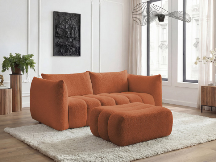 Canapé droit fixe 3 places AZRA tissu bouclette avec pouf