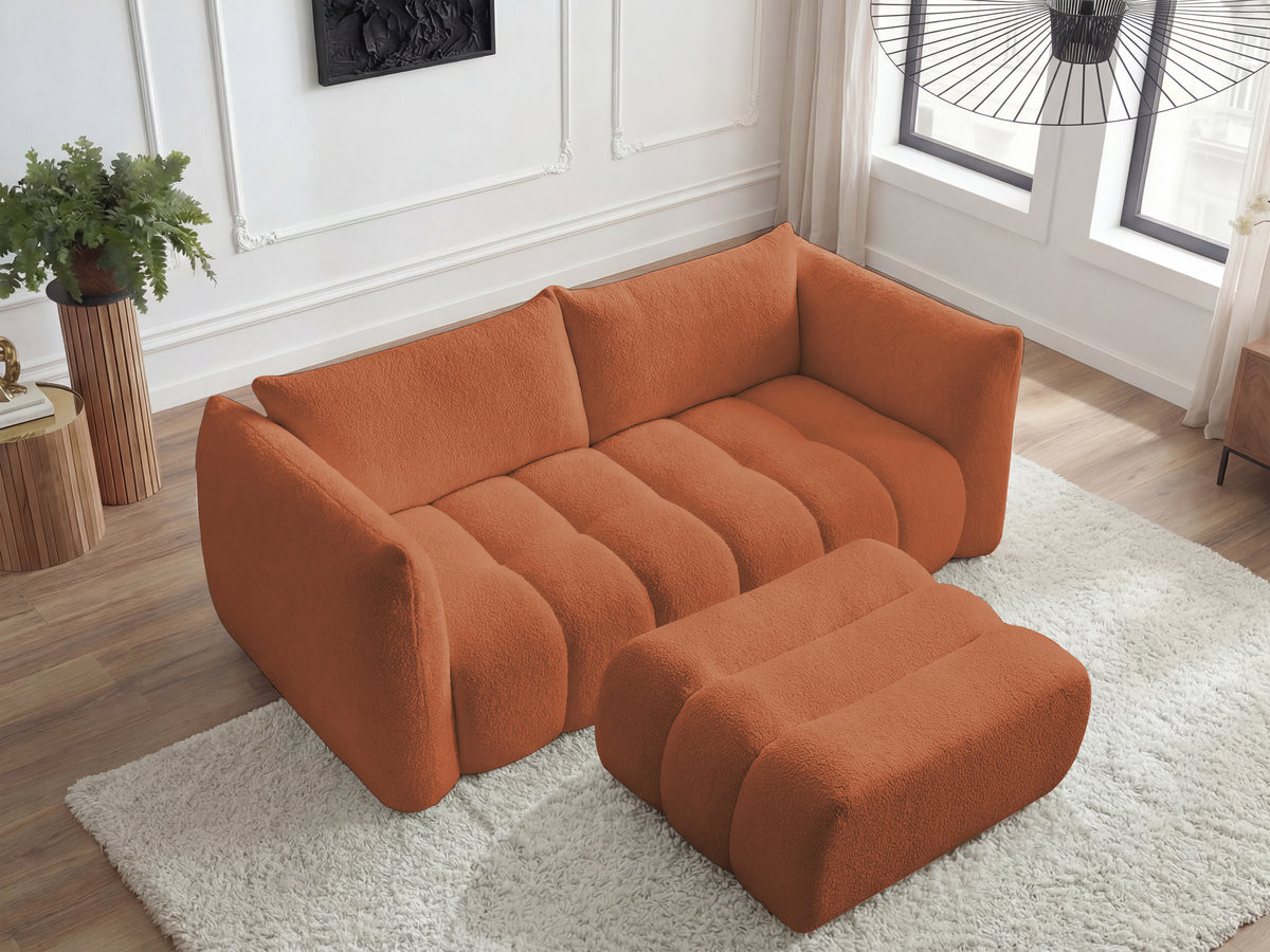 Canapé droit 3 places AZRA bouclette avec pouf orange — vue 6