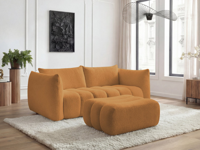 Canapé droit fixe 3 places AZRA tissu bouclette avec pouf