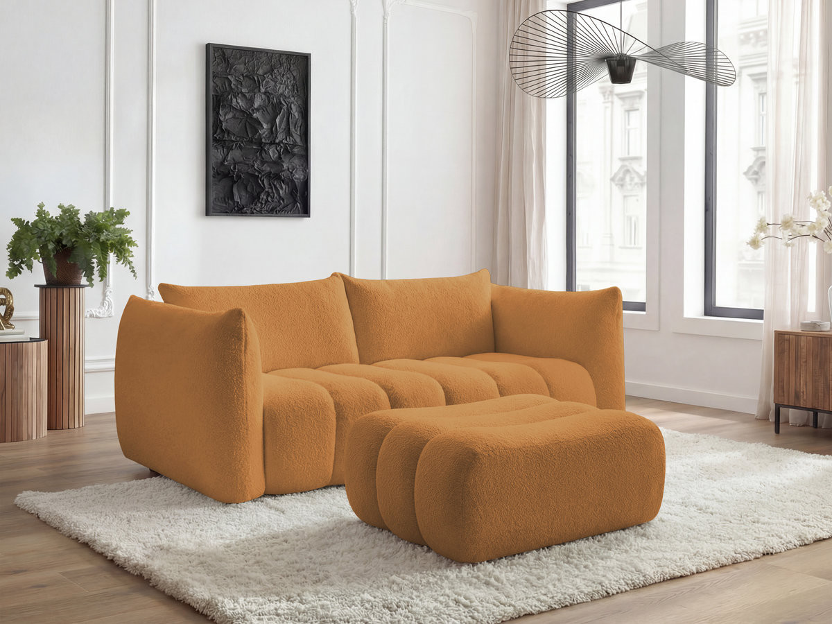 Canapé droit fixe 3 places AZRA tissu bouclette avec pouf