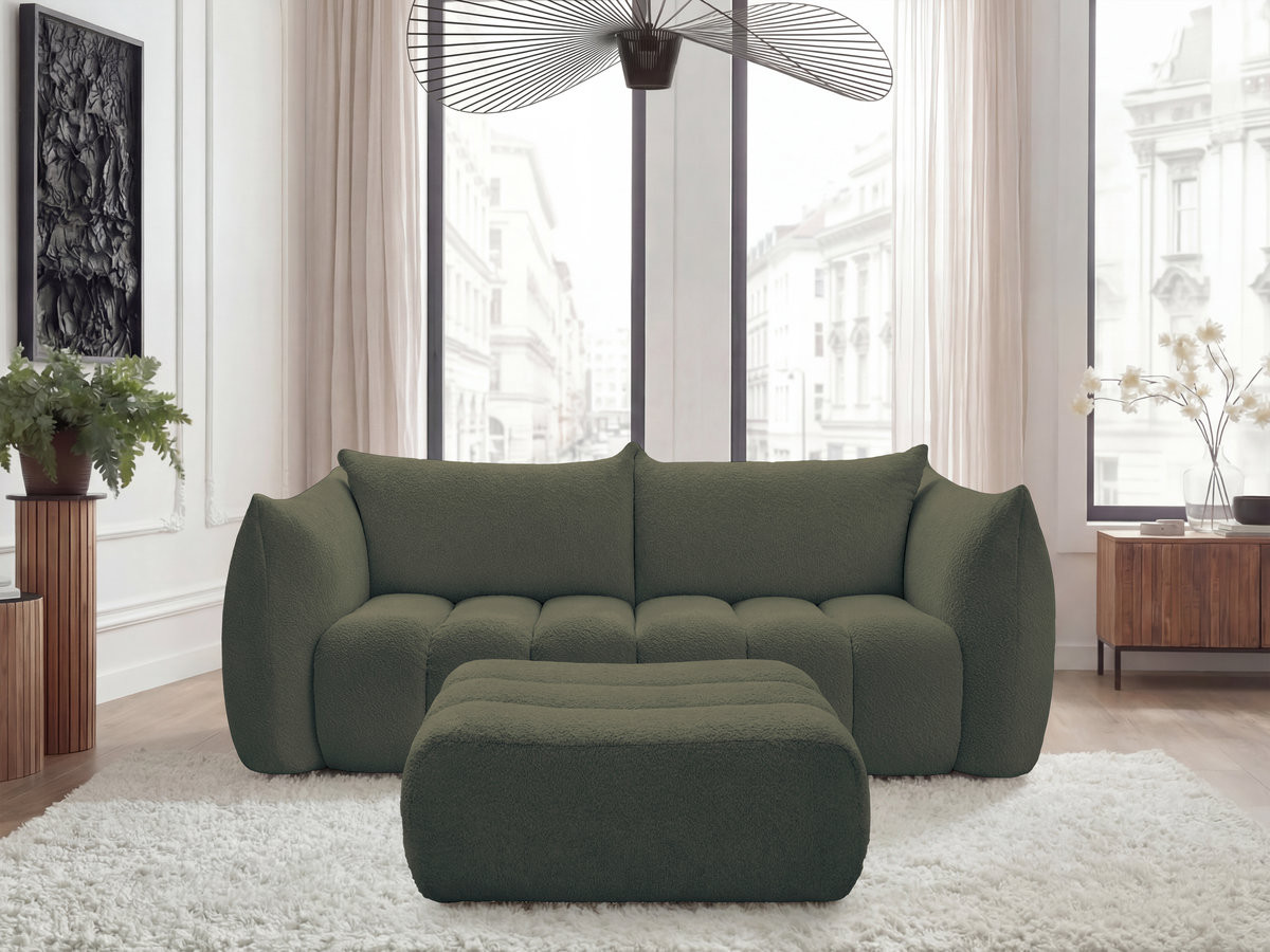 Canapé droit 3 places AZRA bouclette avec pouf vert — vue 4