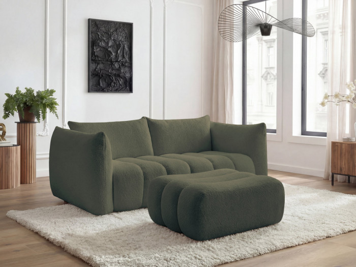 Canapé droit fixe 3 places AZRA tissu bouclette avec pouf