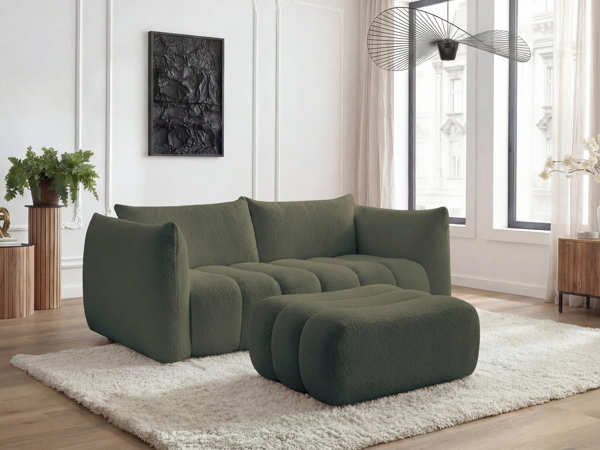 Canapé droit 3 places AZRA bouclette avec pouf vert