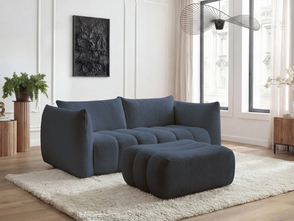 Canapé droit 3 places AZRA bouclette avec pouf bleu foncé