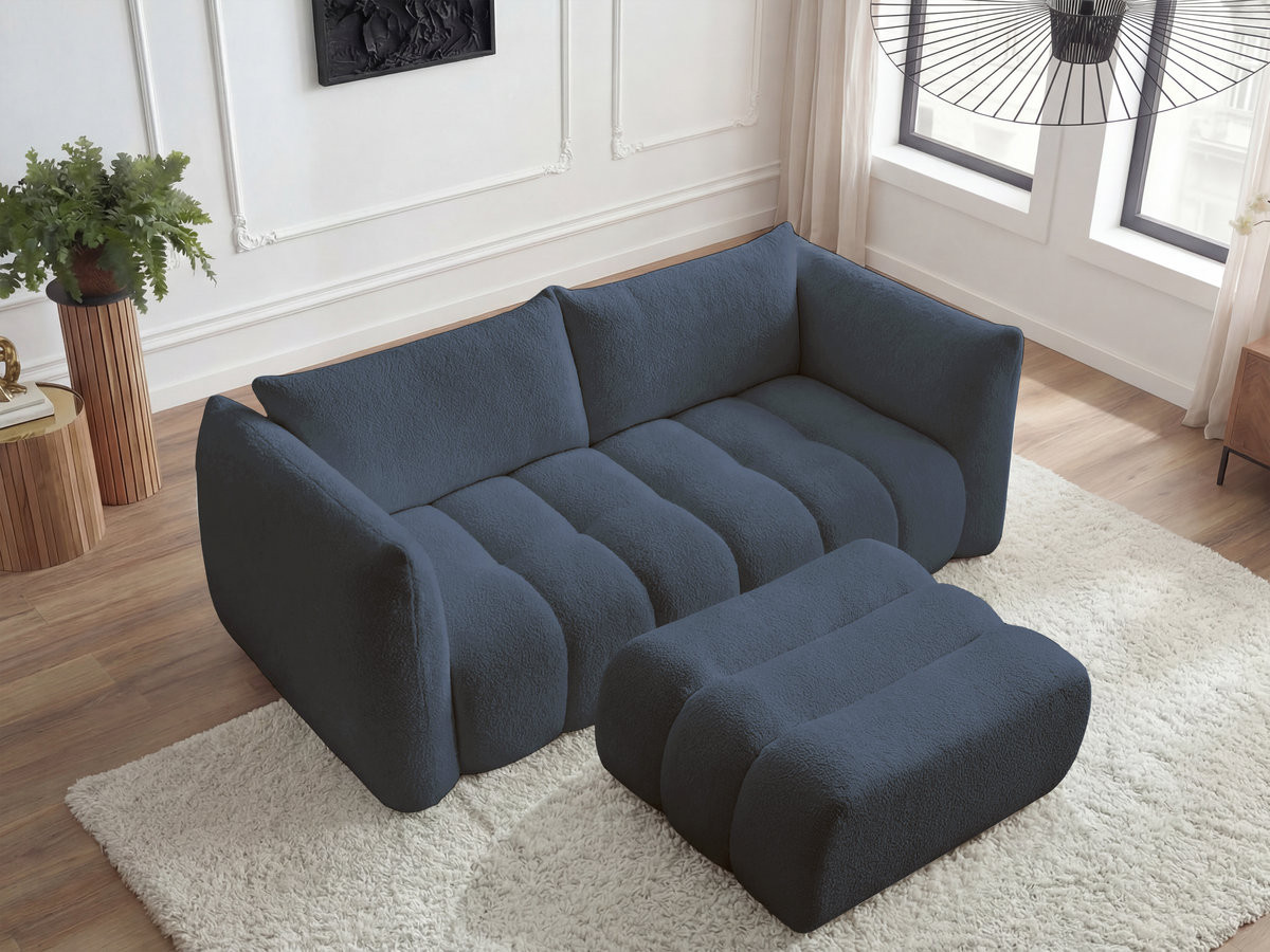 Canapé droit 3 places AZRA bouclette avec pouf bleu foncé — vue 6