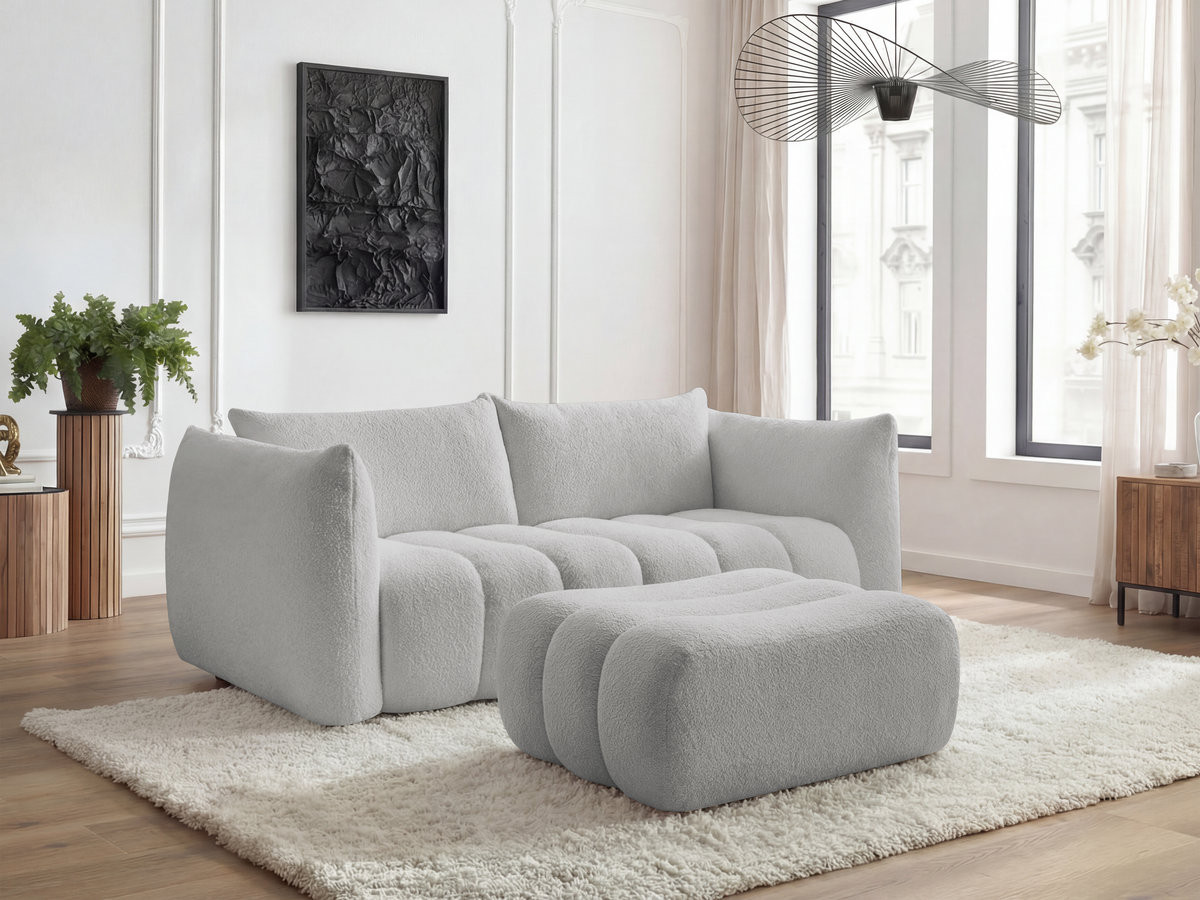 Canapé droit 3 places AZRA bouclette avec pouf gris clair