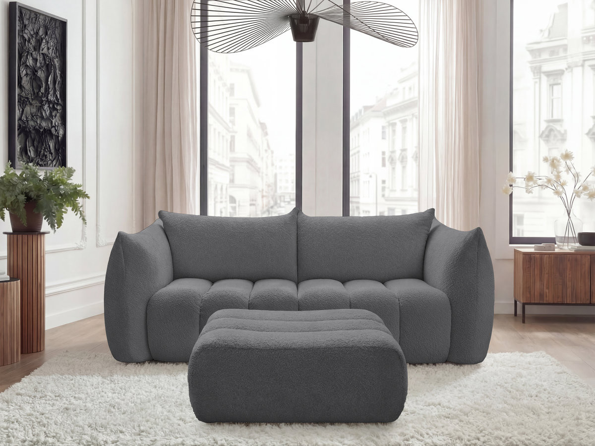 Canapé droit fixe 3 places AZRA tissu bouclette avec pouf