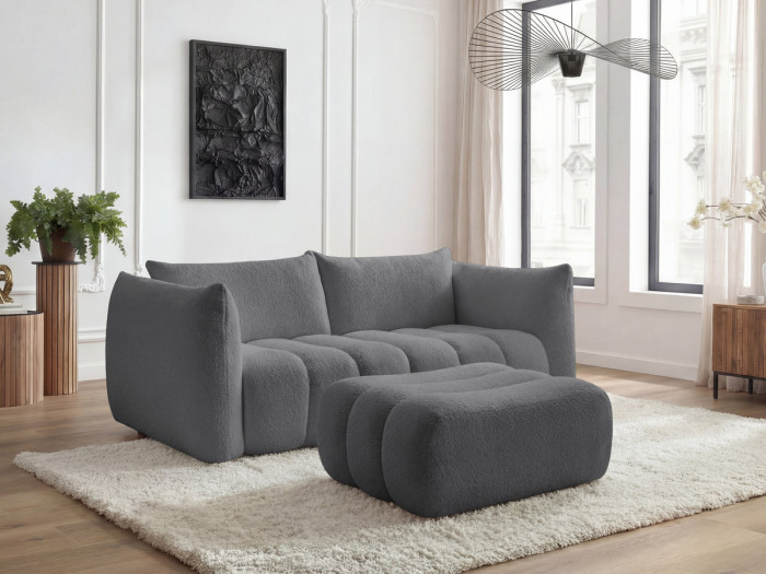 Canapé droit fixe 3 places AZRA tissu bouclette avec pouf