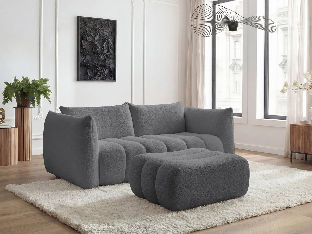 Canapé droit 3 places AZRA bouclette avec pouf gris foncé