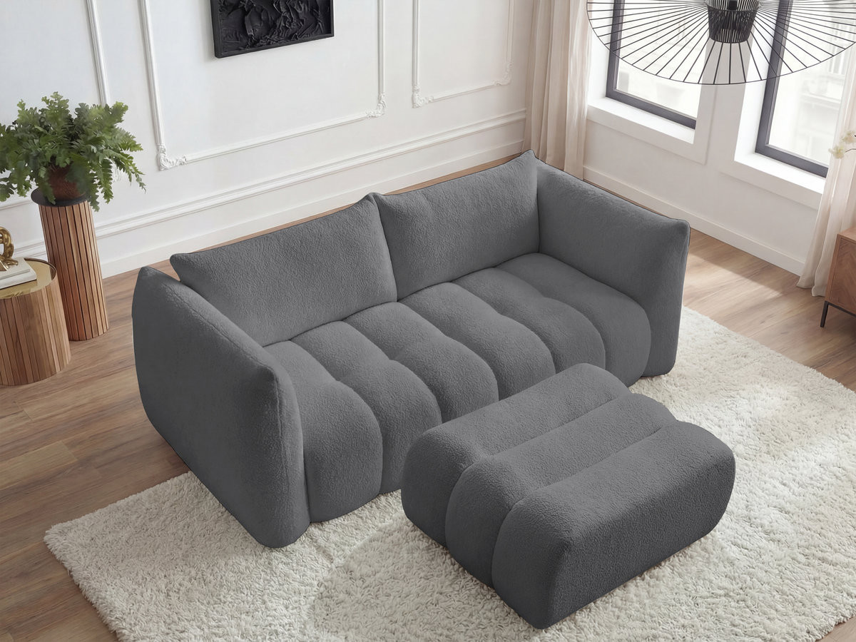 Canapé droit fixe 3 places AZRA tissu bouclette avec pouf