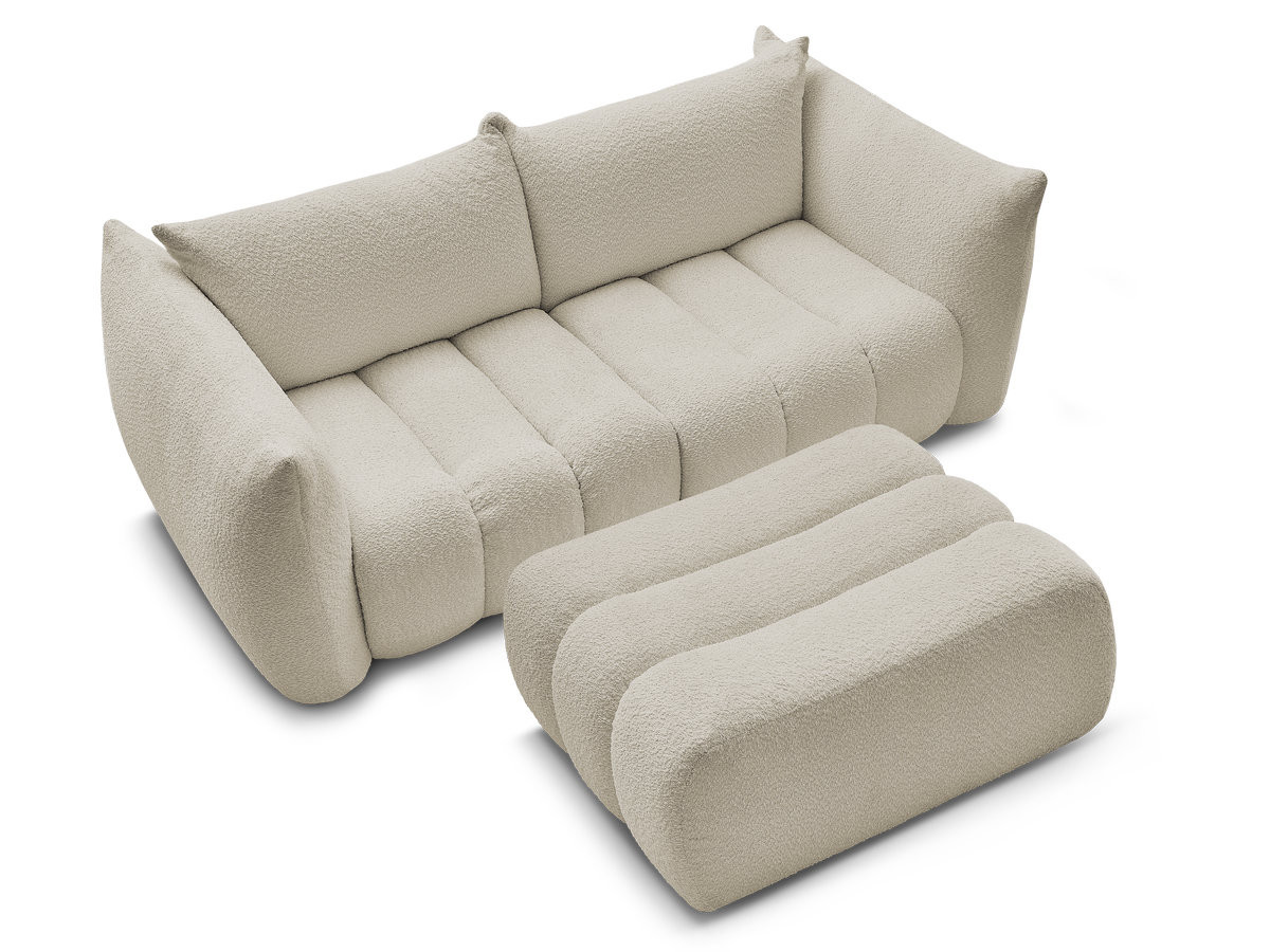 Canapé droit fixe 3 places AZRA tissu bouclette avec pouf