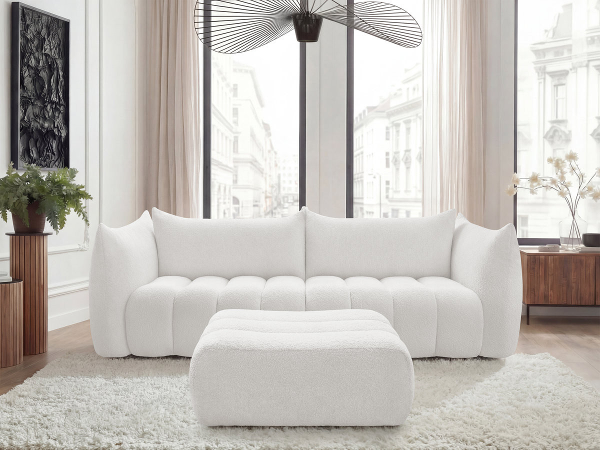 Canapé droit 4 places AZRA bouclette avec pouf blanc — vue 4