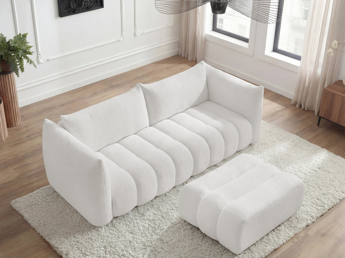 Canapé droit fixe 4 places AZRA tissu bouclette avec pouf