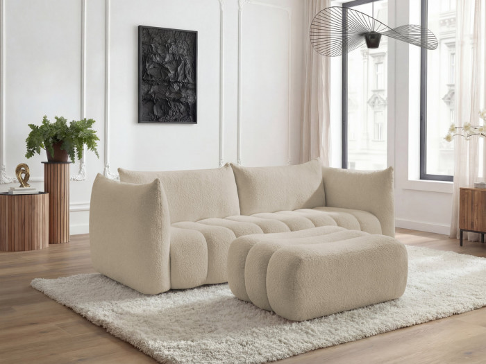 Canapé droit fixe 4 places AZRA tissu bouclette avec pouf