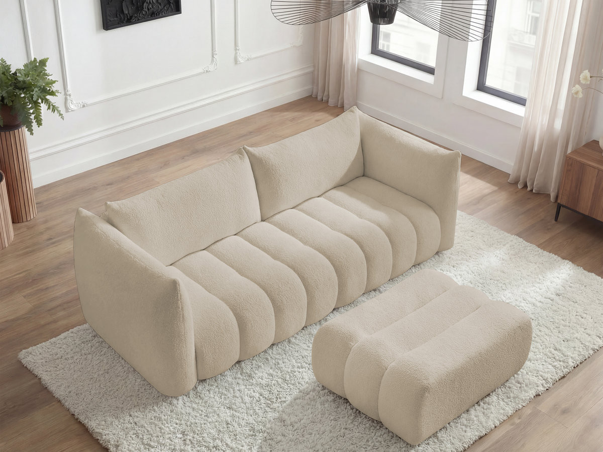 Canapé droit 4 places AZRA bouclette avec pouf beige — vue 6