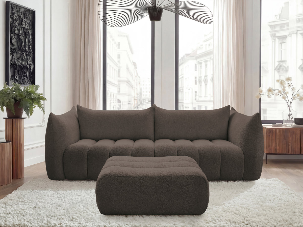 Canapé droit fixe 4 places AZRA tissu bouclette avec pouf