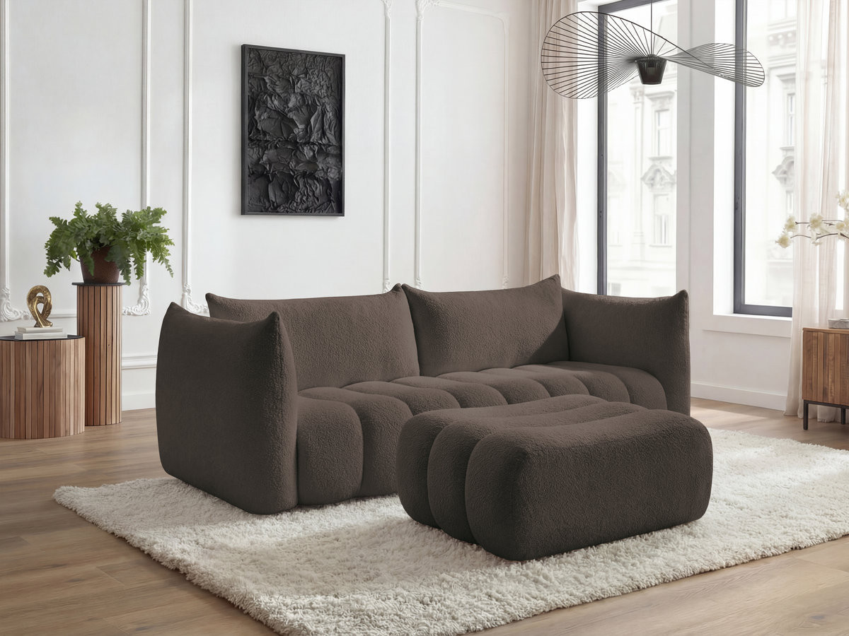 Canapé droit fixe 4 places AZRA tissu bouclette avec pouf