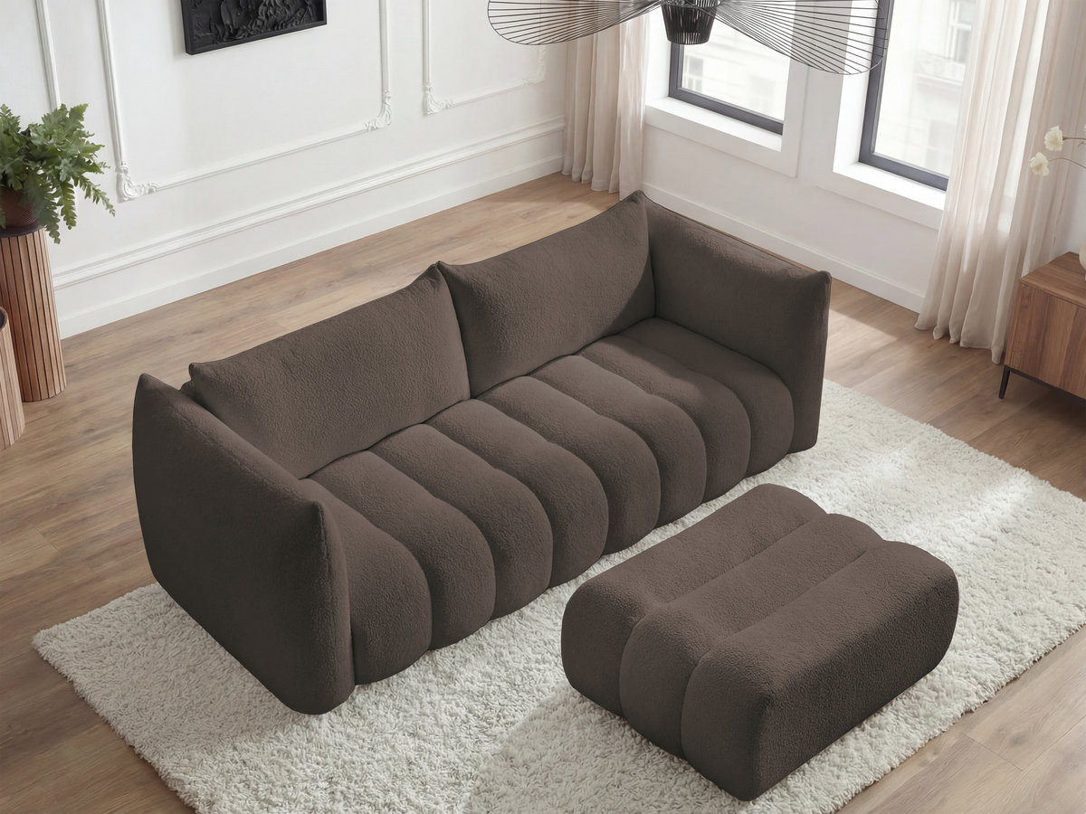 Canapé droit fixe 4 places AZRA tissu bouclette avec pouf