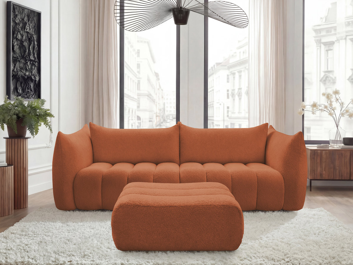 Canapé droit fixe 4 places AZRA tissu bouclette avec pouf