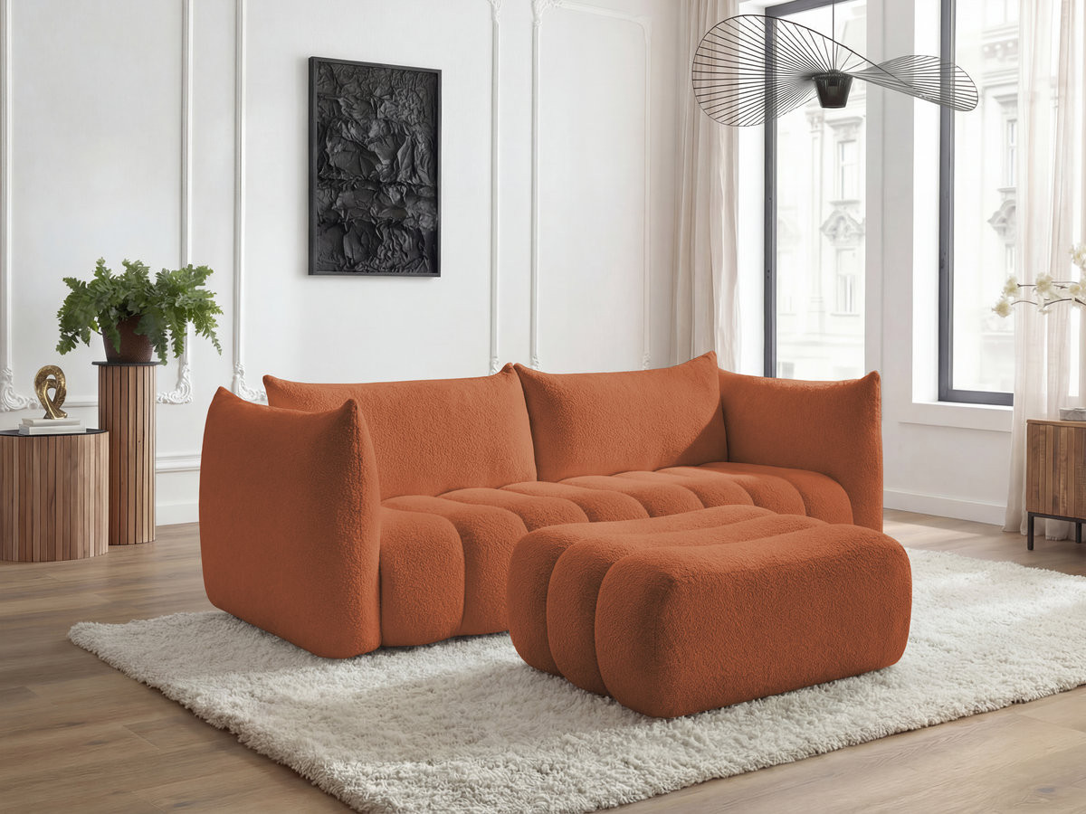 Canapé droit fixe 4 places AZRA tissu bouclette avec pouf