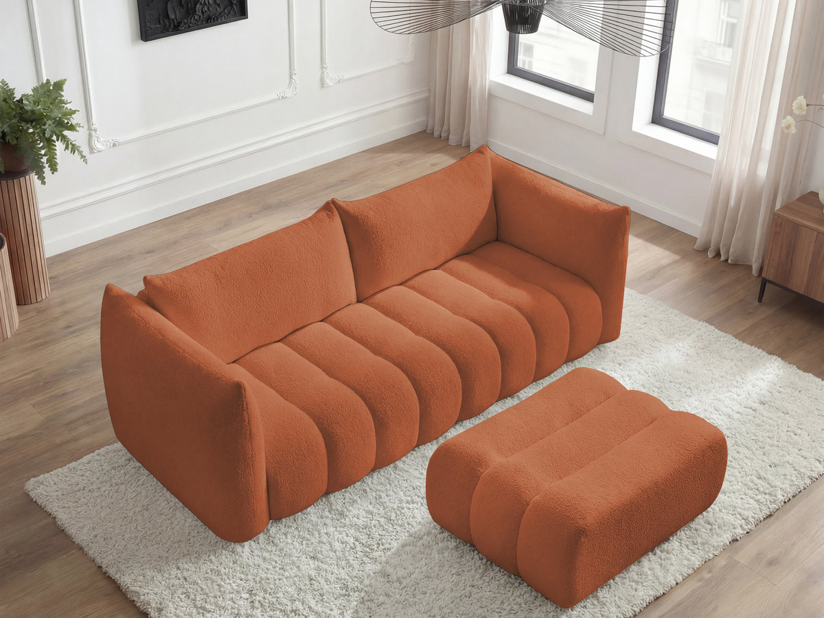 Canapé droit fixe 4 places AZRA tissu bouclette avec pouf