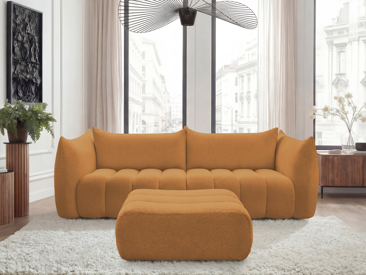 Canapé droit fixe 4 places AZRA tissu bouclette avec pouf