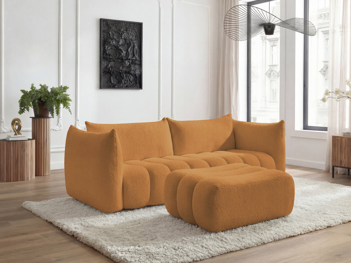 Canapé droit fixe 4 places AZRA tissu bouclette avec pouf