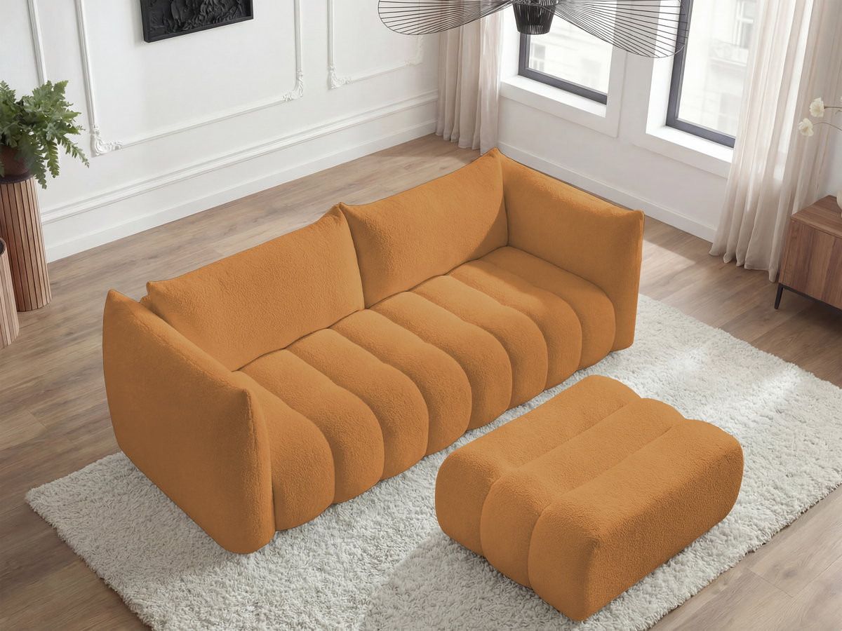 Canapé droit fixe 4 places AZRA tissu bouclette avec pouf