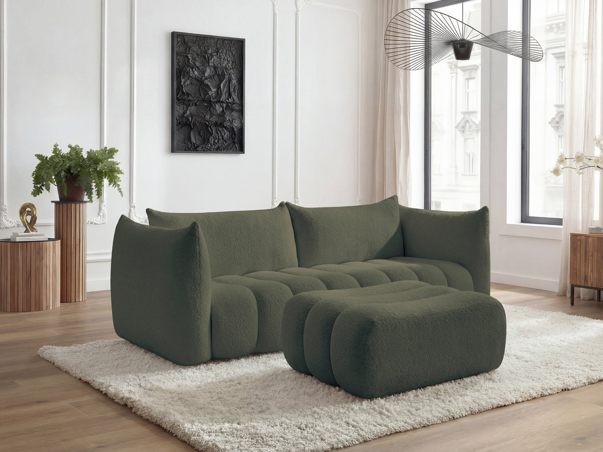 Canapé droit 4 places AZRA bouclette avec pouf vert