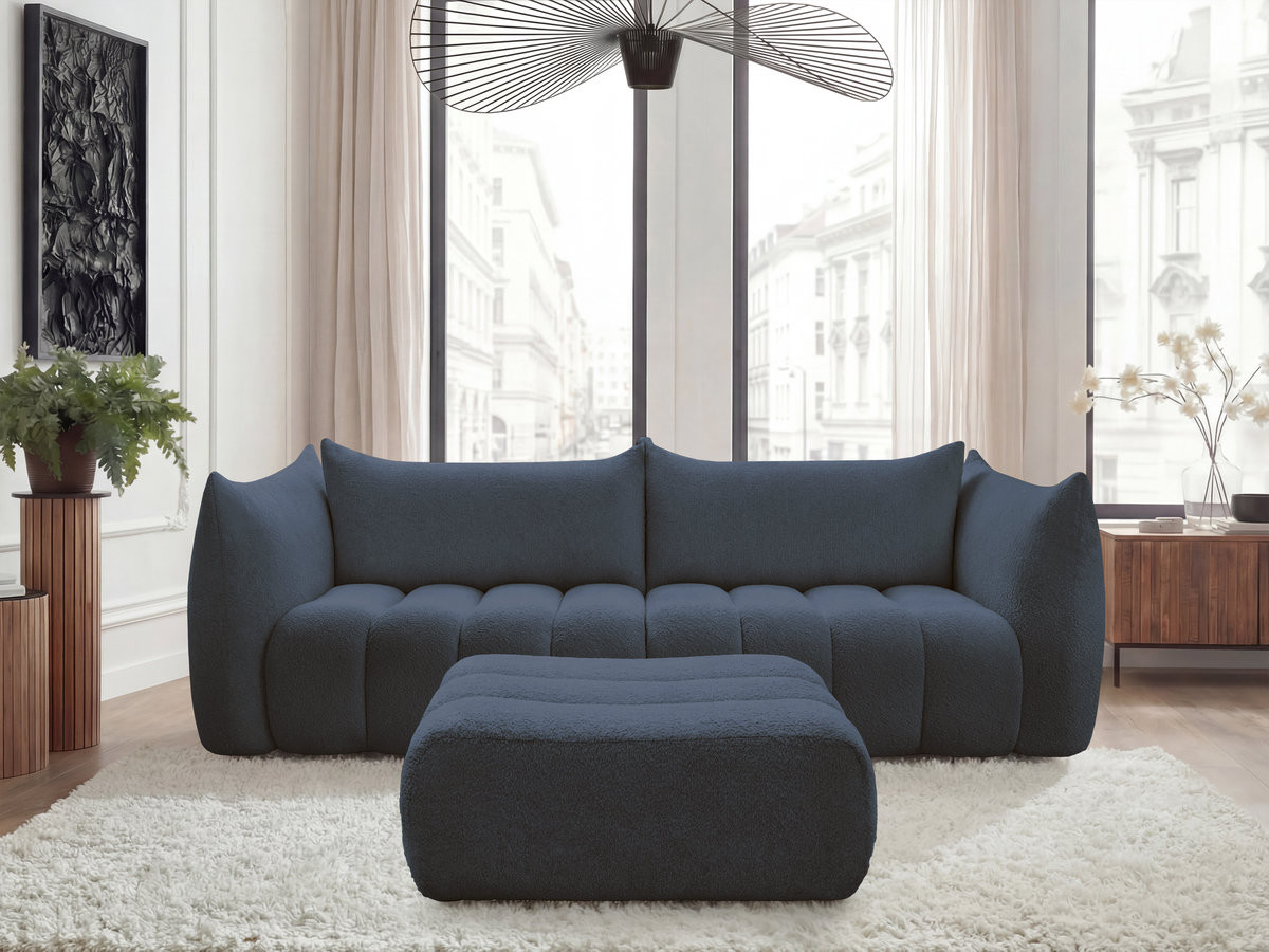 Canapé droit fixe 4 places AZRA tissu bouclette avec pouf