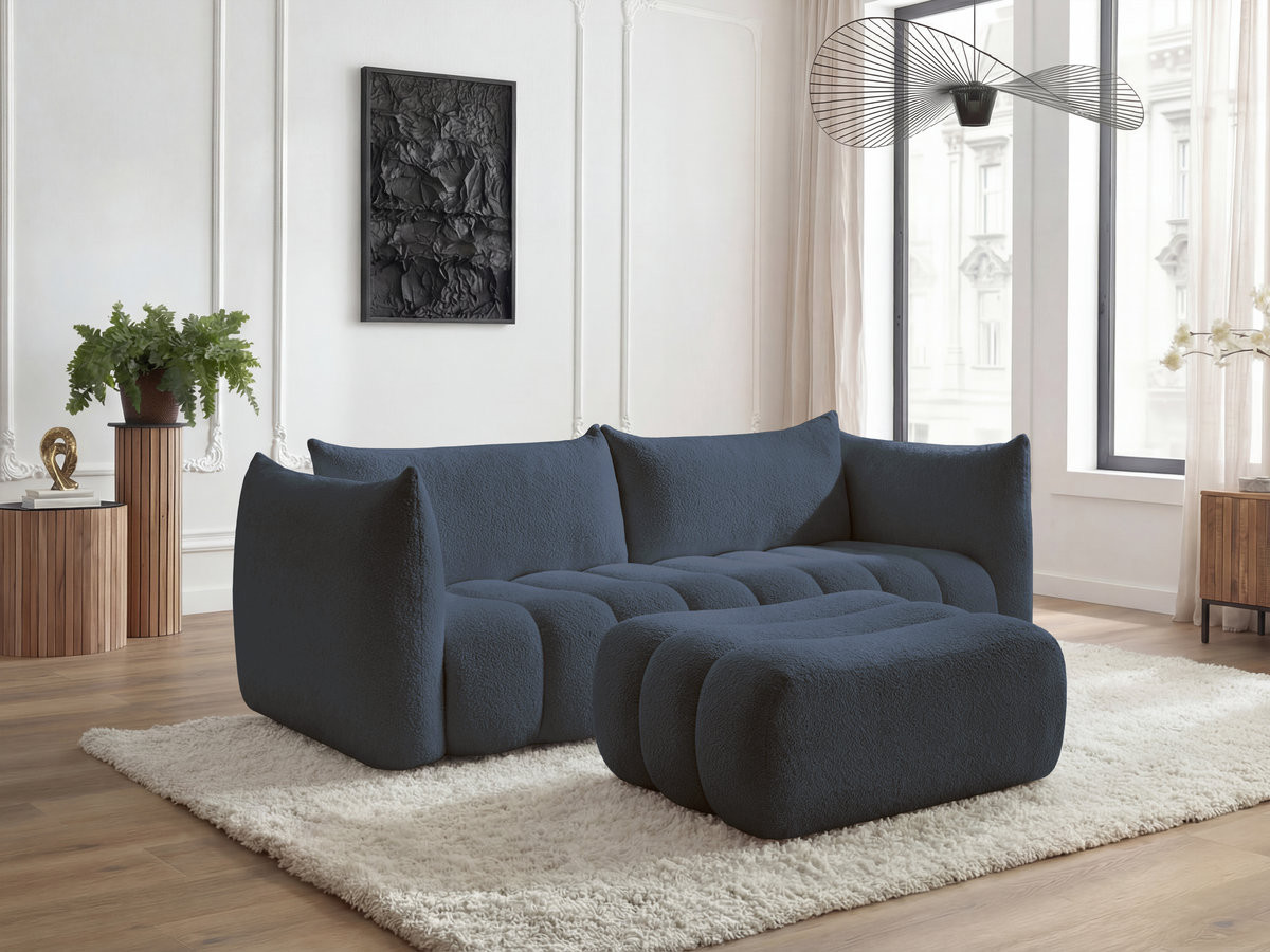 Canapé droit 4 places AZRA bouclette avec pouf bleu foncé