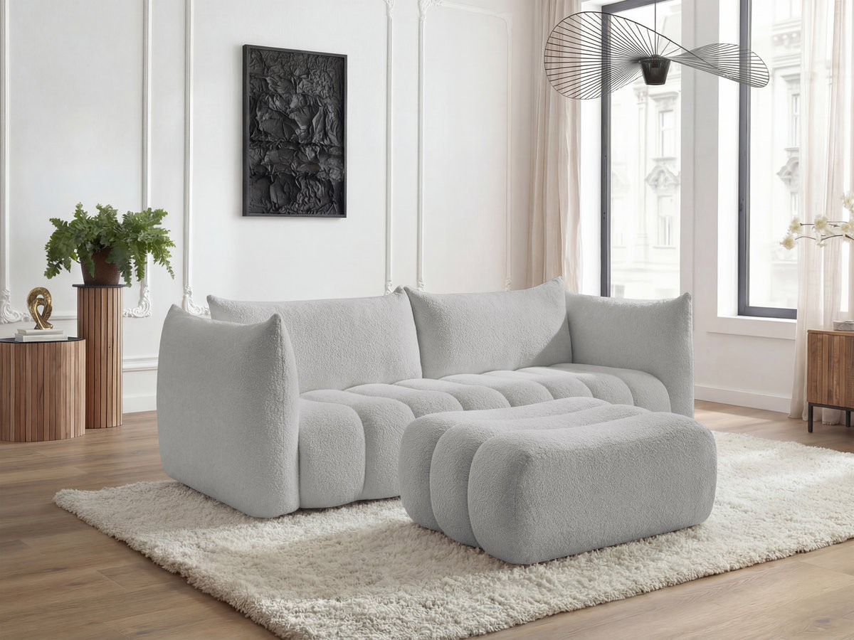 Canapé droit 4 places AZRA bouclette avec pouf gris clair