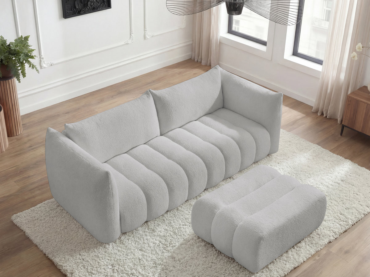 Canapé droit fixe 4 places AZRA tissu bouclette avec pouf