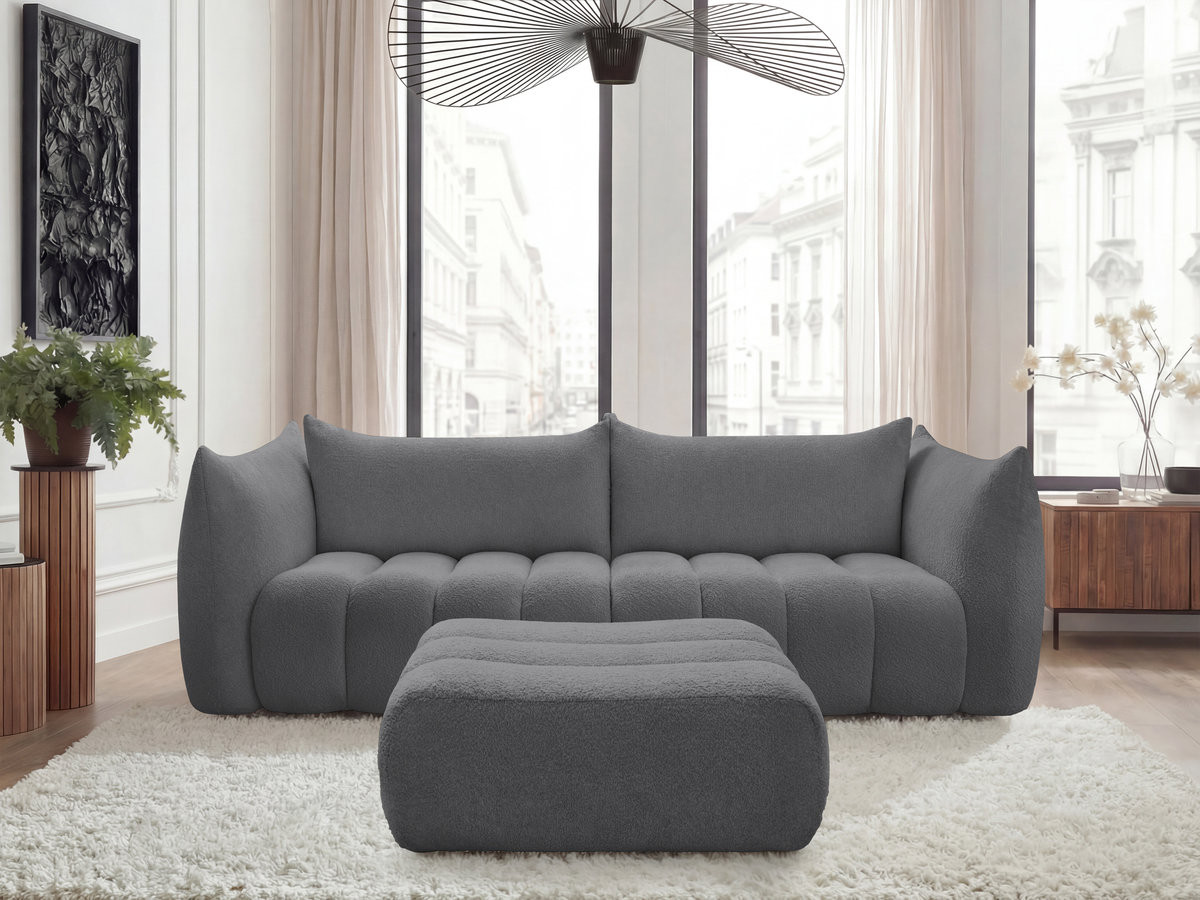 Canapé droit fixe 4 places AZRA tissu bouclette avec pouf