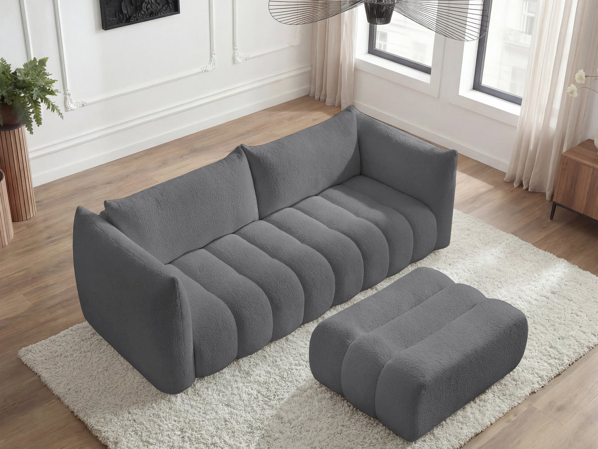 Canapé droit fixe 4 places AZRA tissu bouclette avec pouf