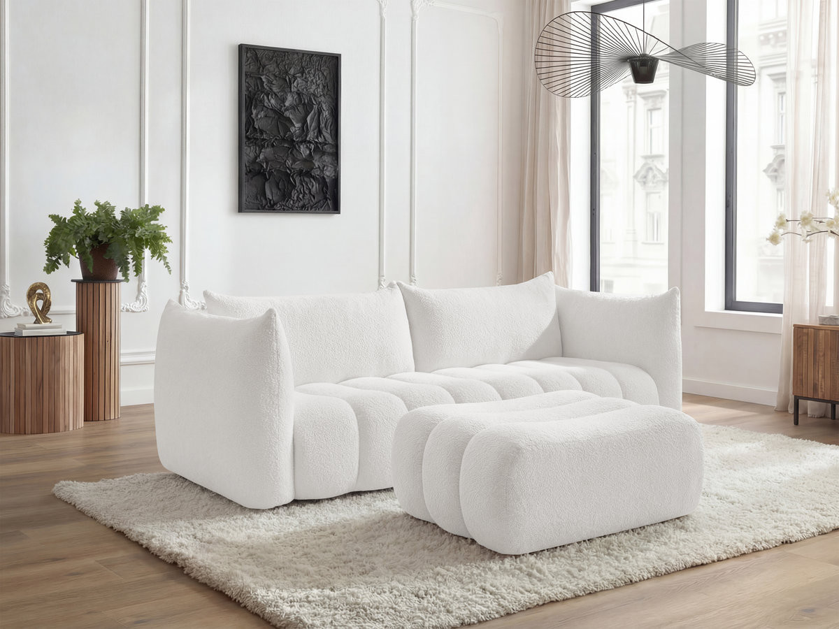 Canapé droit 4 places AZRA bouclette avec pouf blanc