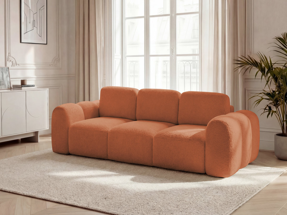Canapé droit convertible coffre 3 places MONTAIGNE bouclette orange