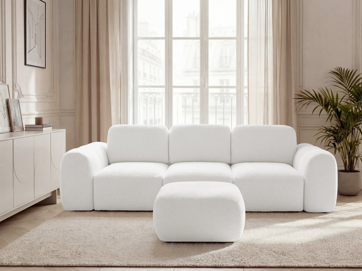 Canapé droit convertible coffre 3 places MONTAIGNE tissu bouclette avec pouf