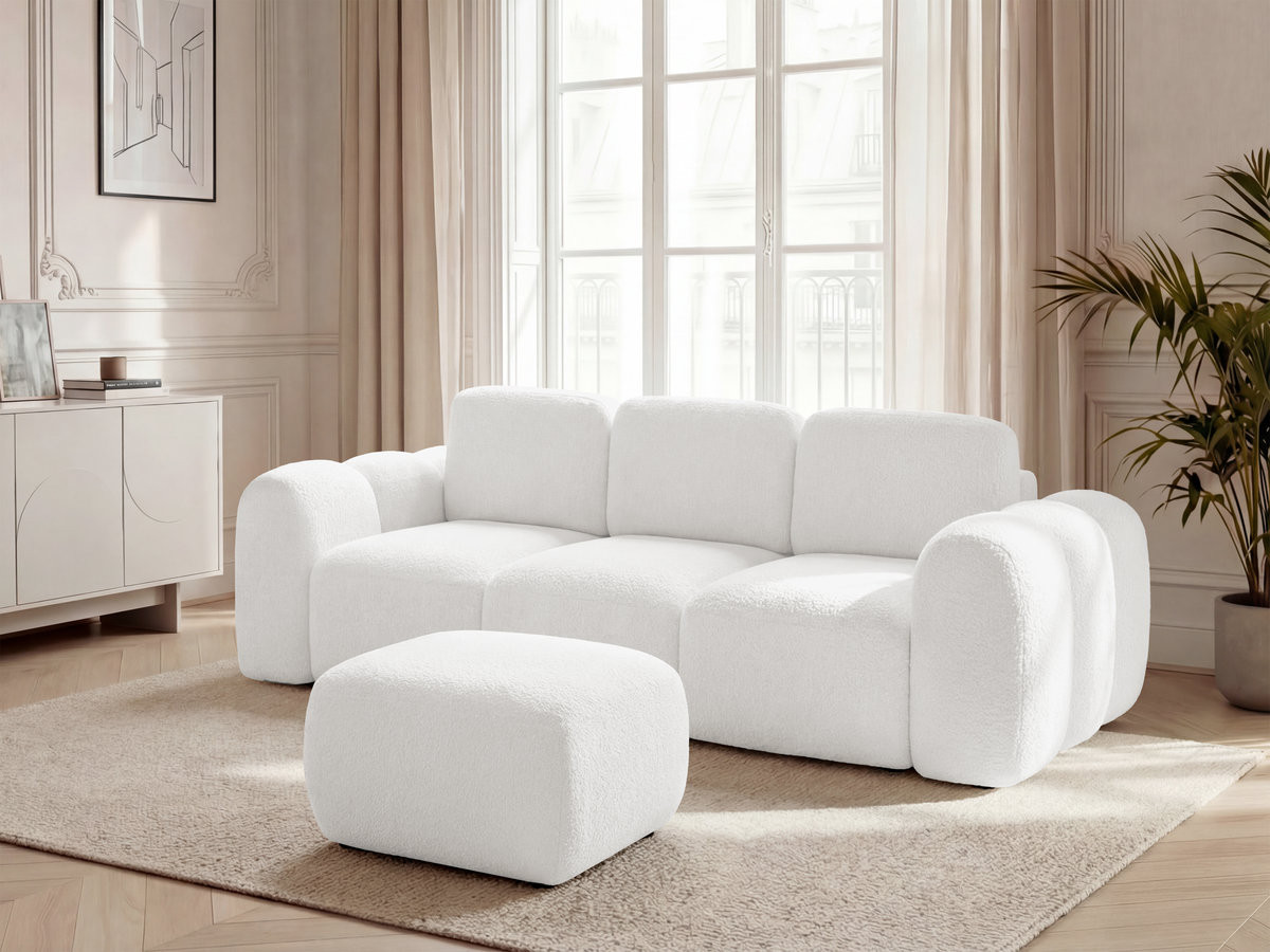 Canapé droit convertible coffre 3 places MONTAIGNE bouclette avec pouf blanc