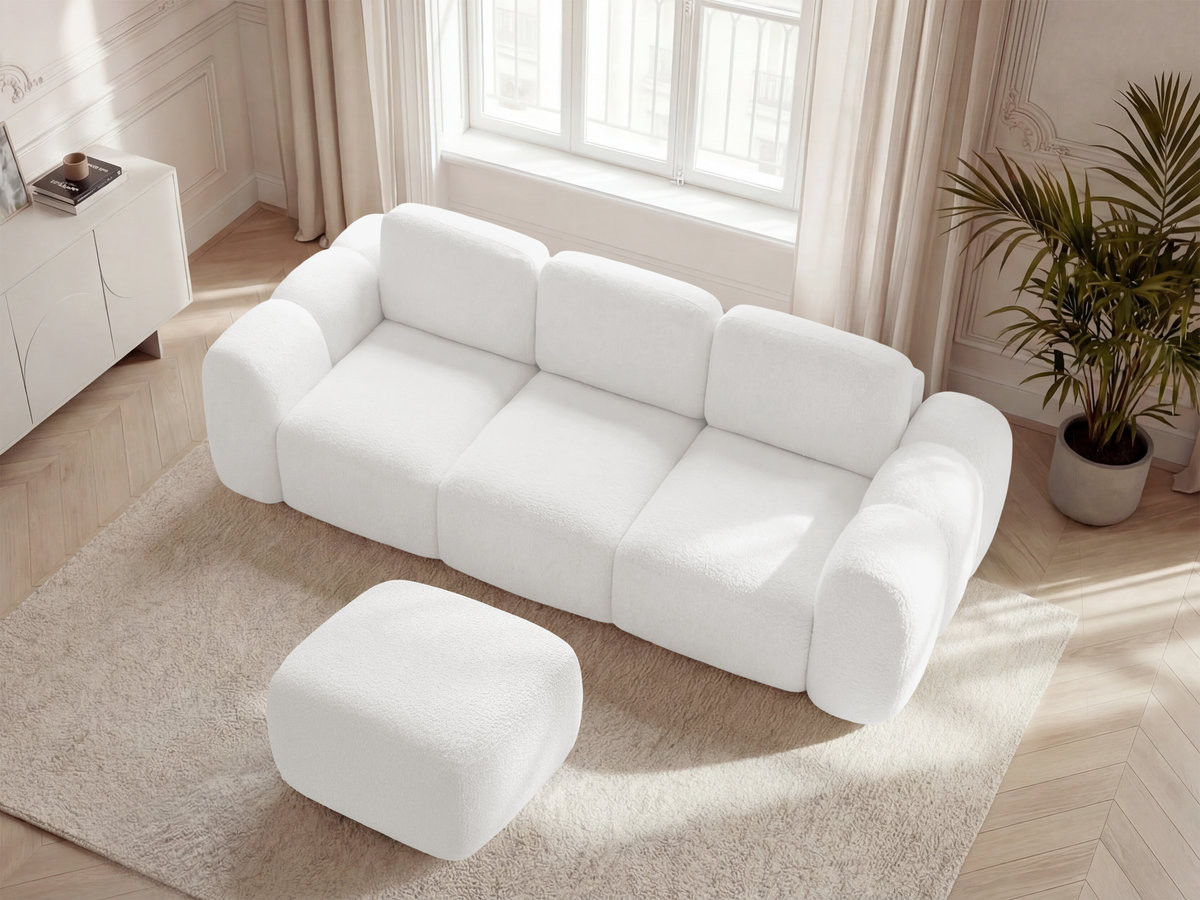 Canapé droit convertible coffre 3 places MONTAIGNE tissu bouclette avec pouf