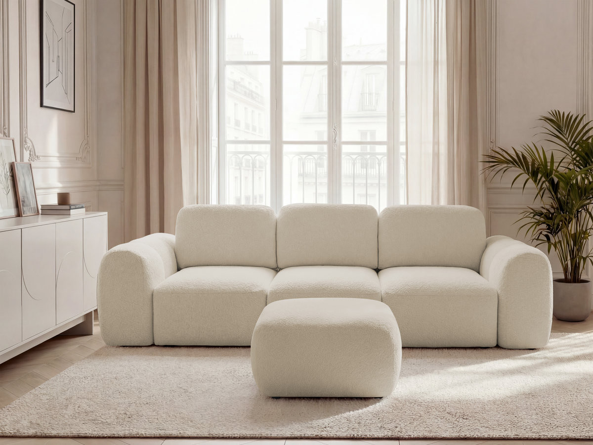 Canapé droit convertible coffre 3 places MONTAIGNE tissu bouclette avec pouf