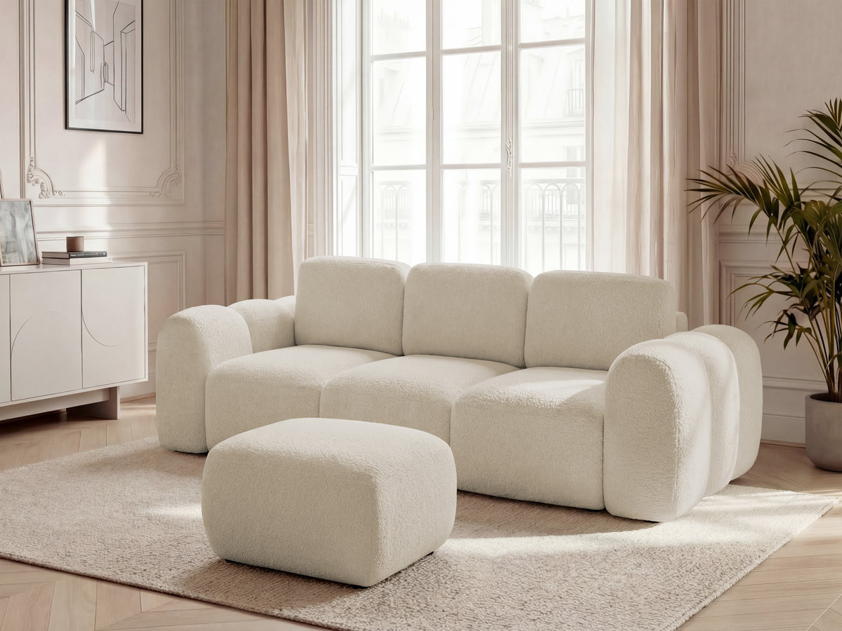 Canapé droit convertible 3 places MONTAIGNE tissu bouclette avec pouf