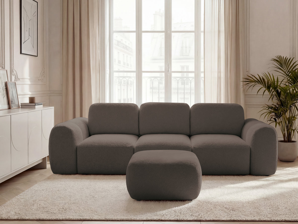 Canapé droit convertible coffre 3 places MONTAIGNE tissu bouclette avec pouf