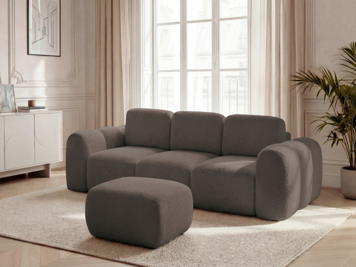 Canapé droit convertible coffre 3 places MONTAIGNE tissu bouclette avec pouf