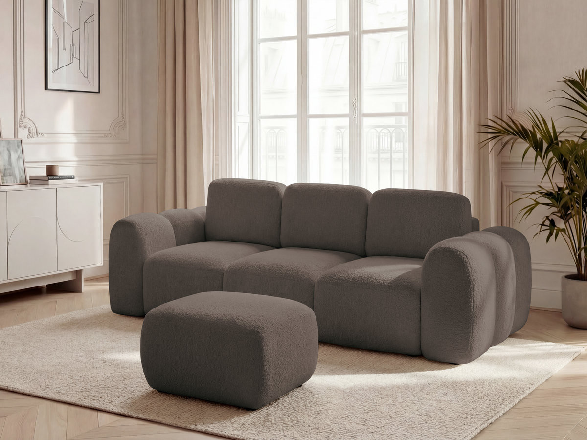 Canapé droit convertible coffre 3 places MONTAIGNE bouclette avec pouf marron