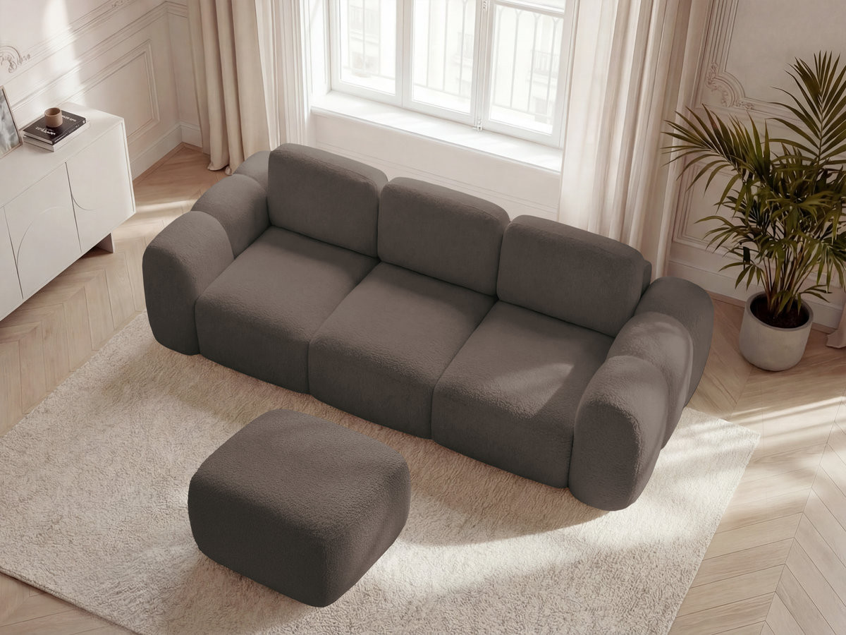 Canapé droit convertible coffre 3 places MONTAIGNE tissu bouclette avec pouf